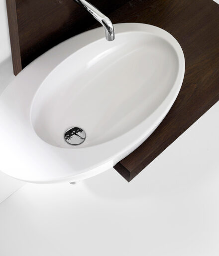 Lavabo de pared con encimera de madera.