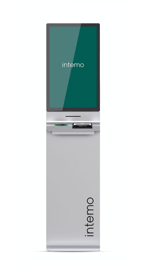 Diseño detallado visto frontalmente del Kiosk-ID para el control de accesos, diseñado para intemo.